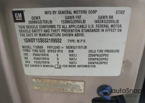 2003 Chevrolet Trailblazer Lt из США, поврежденный, VIN 1GNDT13S632109932